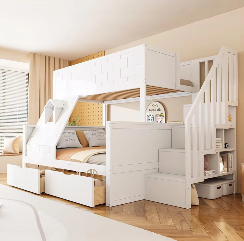 Letto a castello per bambini con scala contenitore e cassetti; 90x200/140x200 cm; bianco