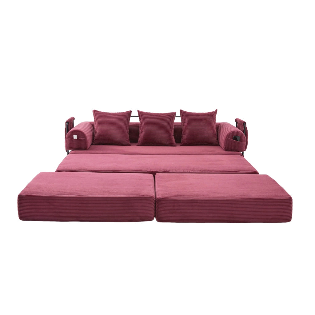 Divano modulare in corduroy con pouf e tasca laterale 200x190x67 cm; bordeaux vino