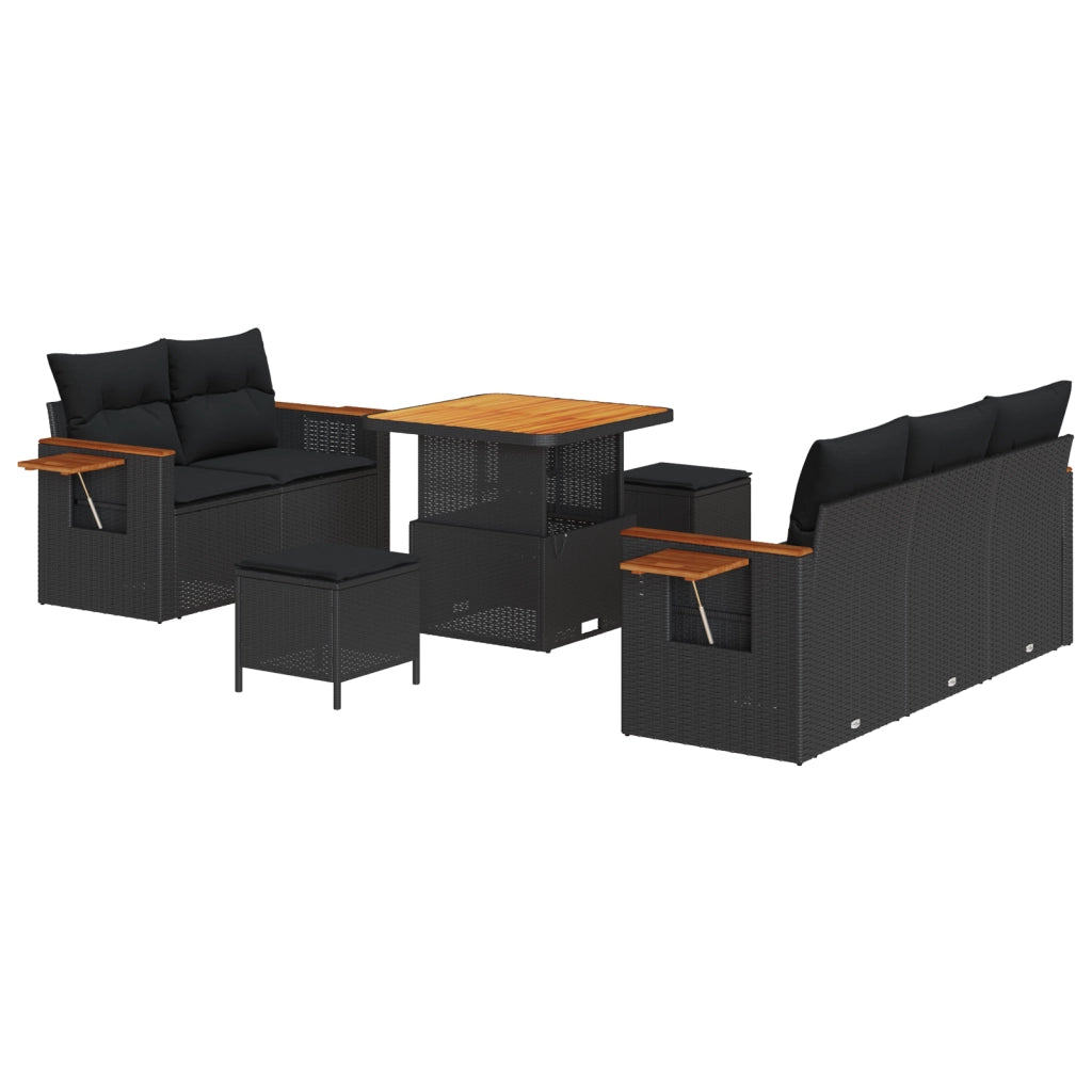 Set Divano da Giardino a 8 Pezzi con Cuscini Nero Polirattan Acacia