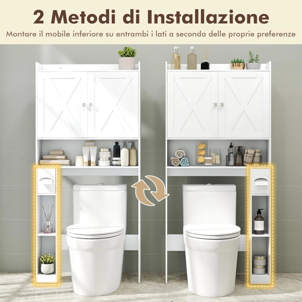 Mobile Sopra Lavatrice da Bagno, Armadietto su WC con Doppie Ante, Porta Carta Igienica e Ripiano Regolabile, Mobile Salvaspazio in Legno per Lavanderia, 81,5 x 19,5 x 172,5 cm (Bianco)