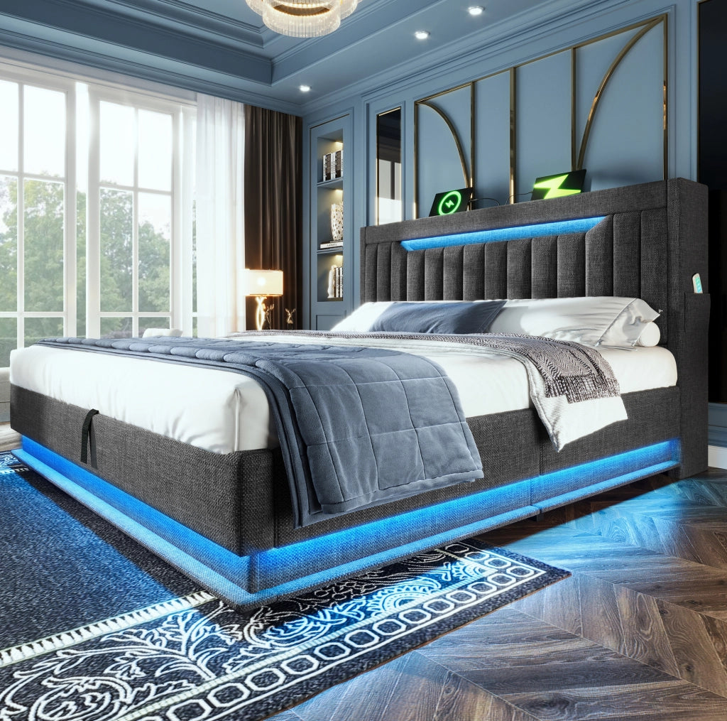 Letto matrimoniale 140x200 cm con contenitore idraulico; LED; USB e Type-C; grigio in lino