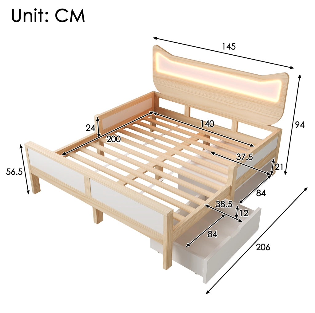 Letto per bambini 140 x 200 cm con testiera a gatto e LED RGB