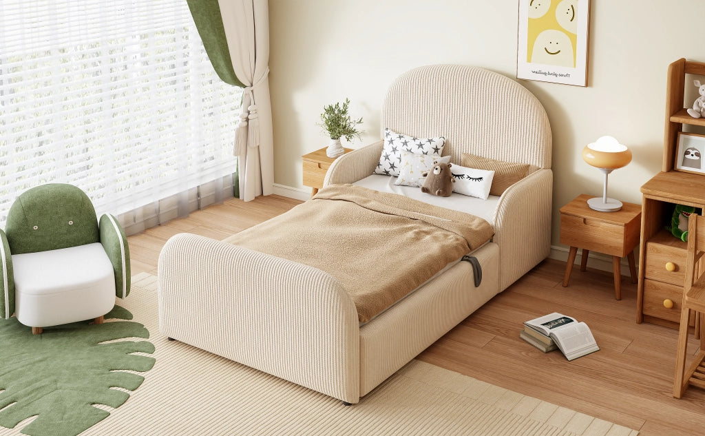 DESMIU Letto bambino 90 × 200 cm con contenitore idraulico e sponde, senza materasso, in velluto, beige