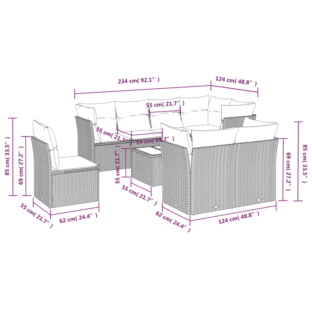 Set Divano da Giardino 9 pz con Cuscini Beige in Polyrattan