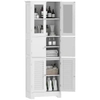 Mobile Colonna Bagno con 3 Armadietti e Ante in Vetro e a Persiana, 60x30x170.5cm, Bianco