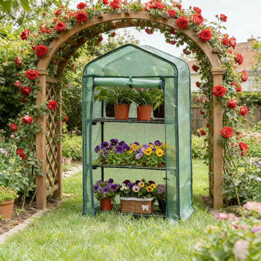 Serra a tunnel con porta avvolgibile e 3 ripiani in rete, struttura in metallo e PE verde 69 × 49 × 125 cm