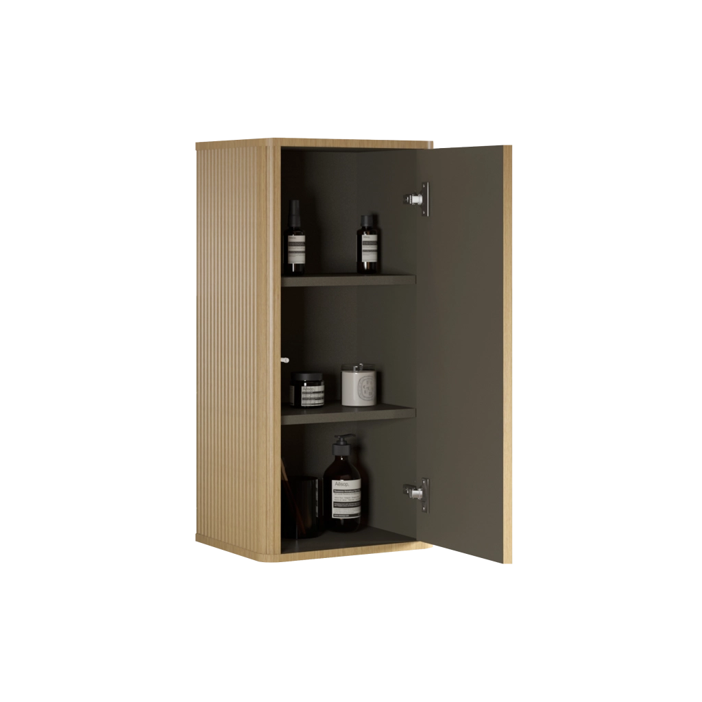 Mobile pensile contenitore in rovere per bagno con anta push-to-open e design rigato