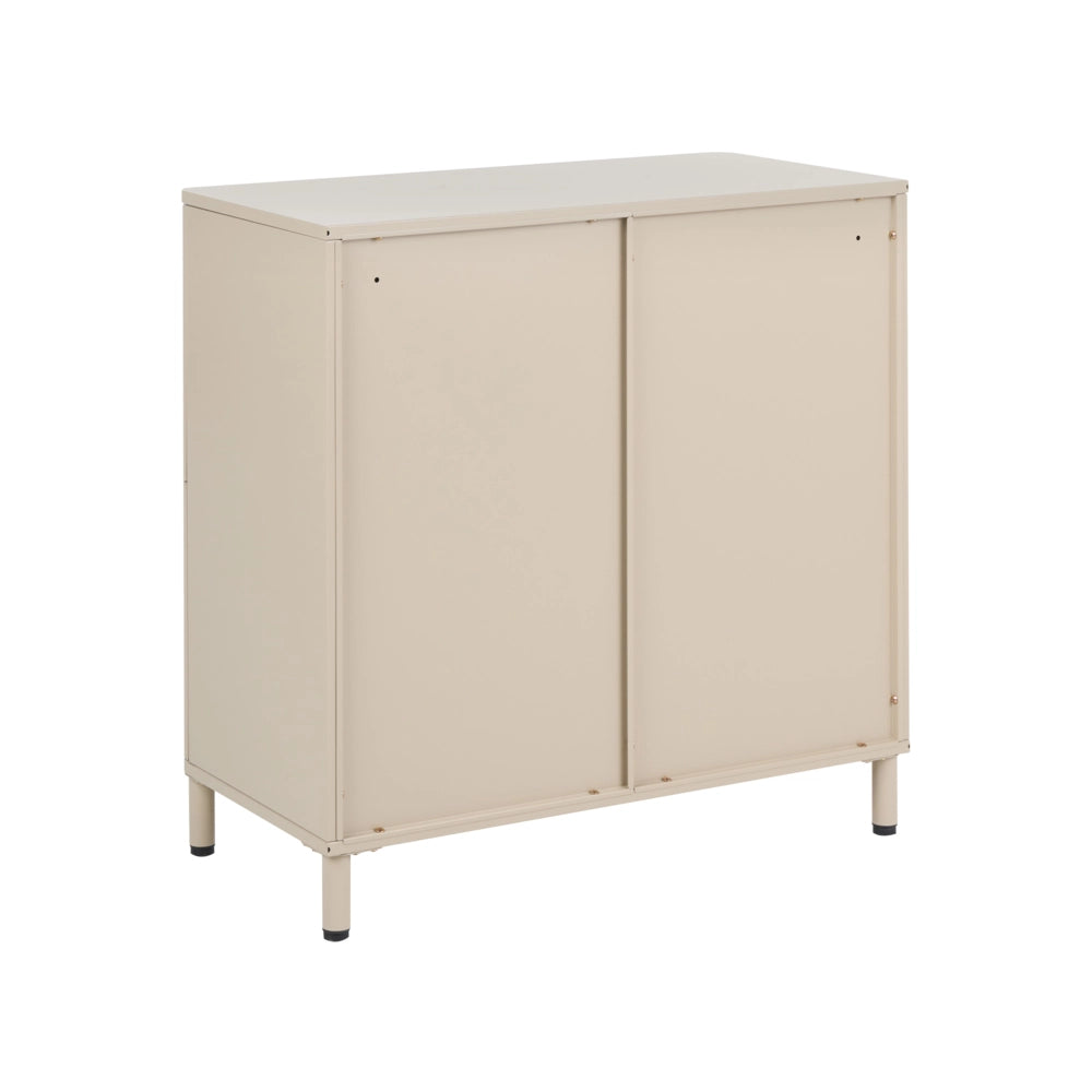 Credenza in acciaio beige a 4 ante con angoli arrotondati e maniglie dorate