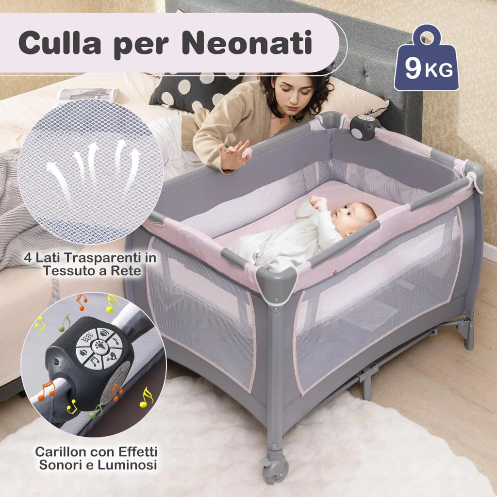 5 in 1 Culla Campeggio Bambini, Lettino Viaggio Neonati Pieghevole con Materasso, Fasciatoio, Box Portatile con Ruote, 2 Giocattoli e Carillon, per Bambini 0-3 Anni (Rosa)