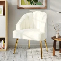 Poltrona in Velluto Imbottita con Schienale a Conchiglia e Gambe in Acciaio per Camera e Salotto, 63x65x84cm, Crema