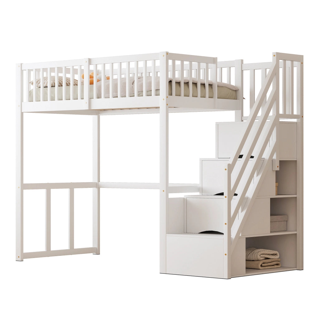 Letto a soppalco 90x200 cm in legno di pino bianco con scala contenitore