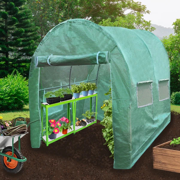 Serra da Giardino a Tunnel da Esterno in Polietilene Resistente alla Corrosione e Raggi UV Telaio in Ferro Galvanizzato per Piante Giardinaggio - 25mm - 3m x 2m & Scaffali