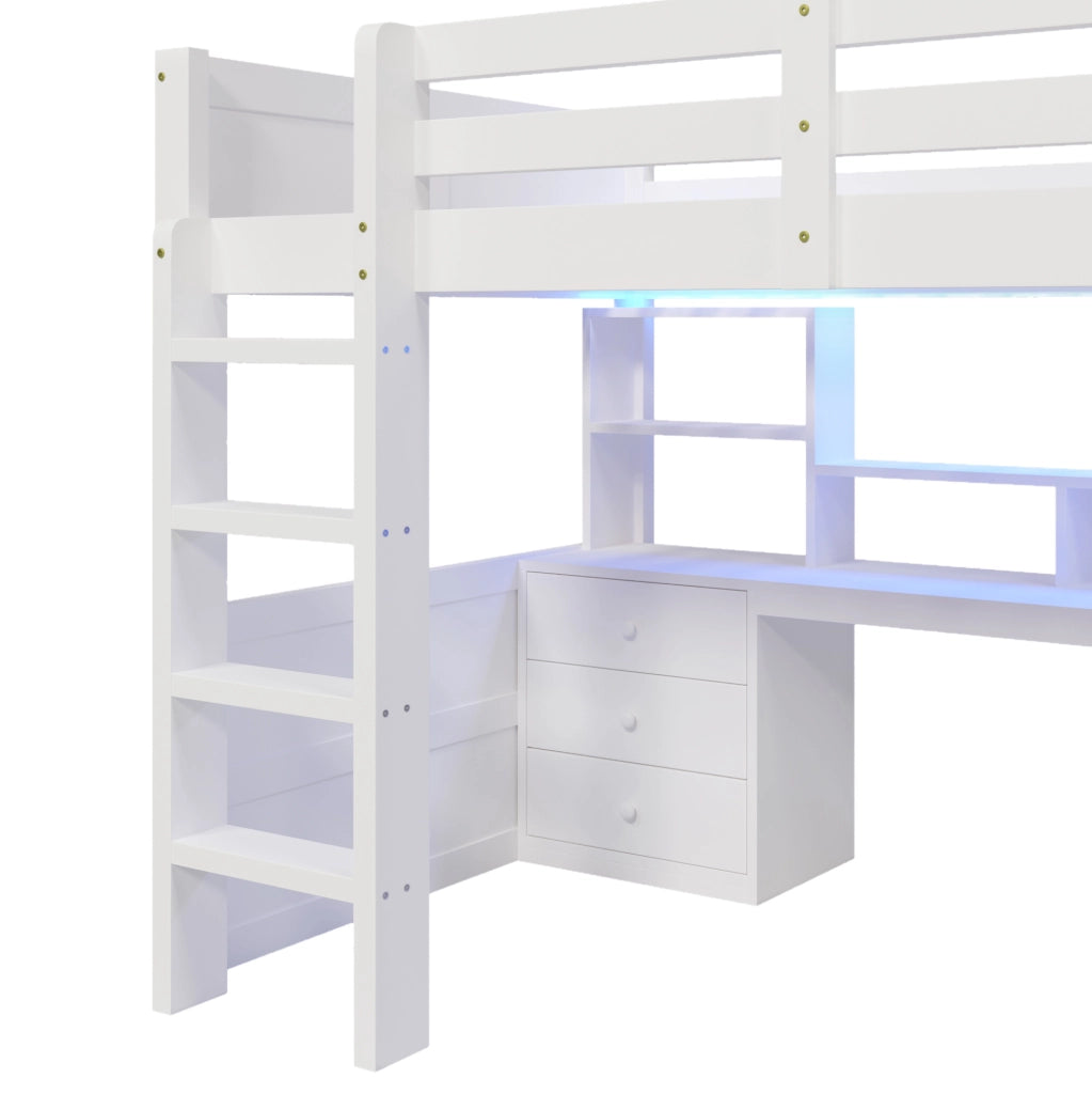 Letto a soppalco 140x200 cm bianco con LED, armadio e scrivania