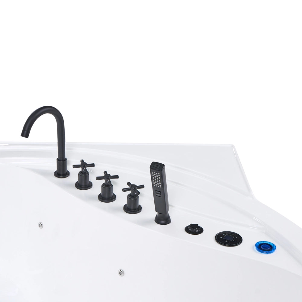 Vasca idromassaggio angolare in acrilico bianco 2250 x 1600 mm con luci LED altoparlanti Bluetooth porta USB getti massaggianti e poggiatesta