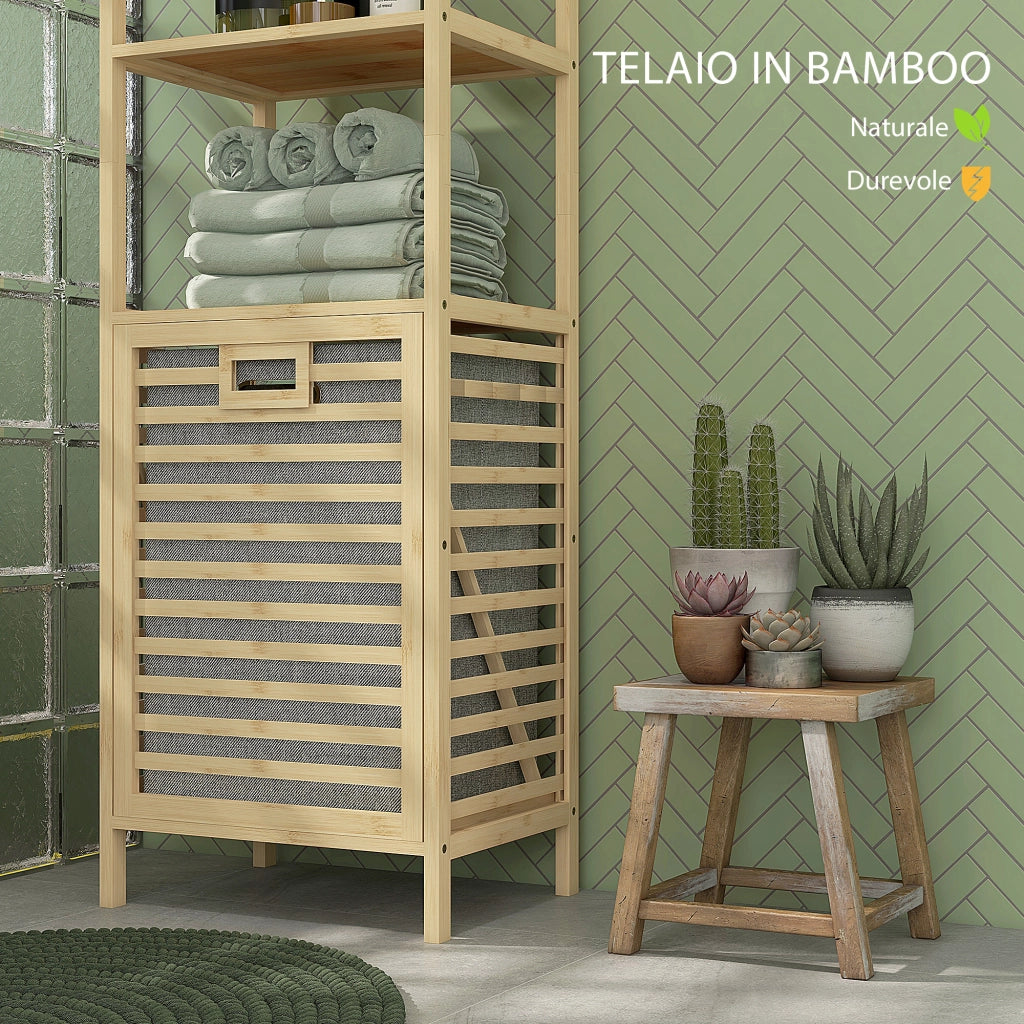 Colonna Bagno con Ripiani in Legno e Cesto ¨C zephmum ¨C Bianco 44x33x160cm