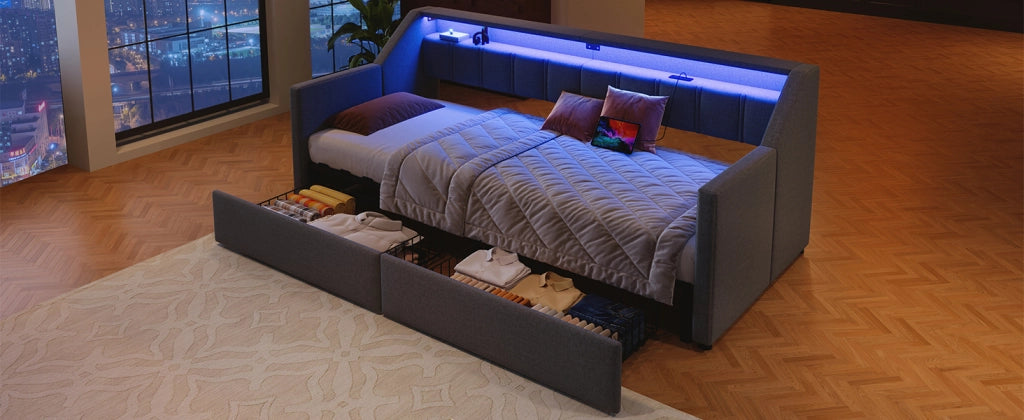 Letto singolo 90x200 con prese USB e USB-C; LED multicolore; cassetti e letto estraibile 180x200; grigio