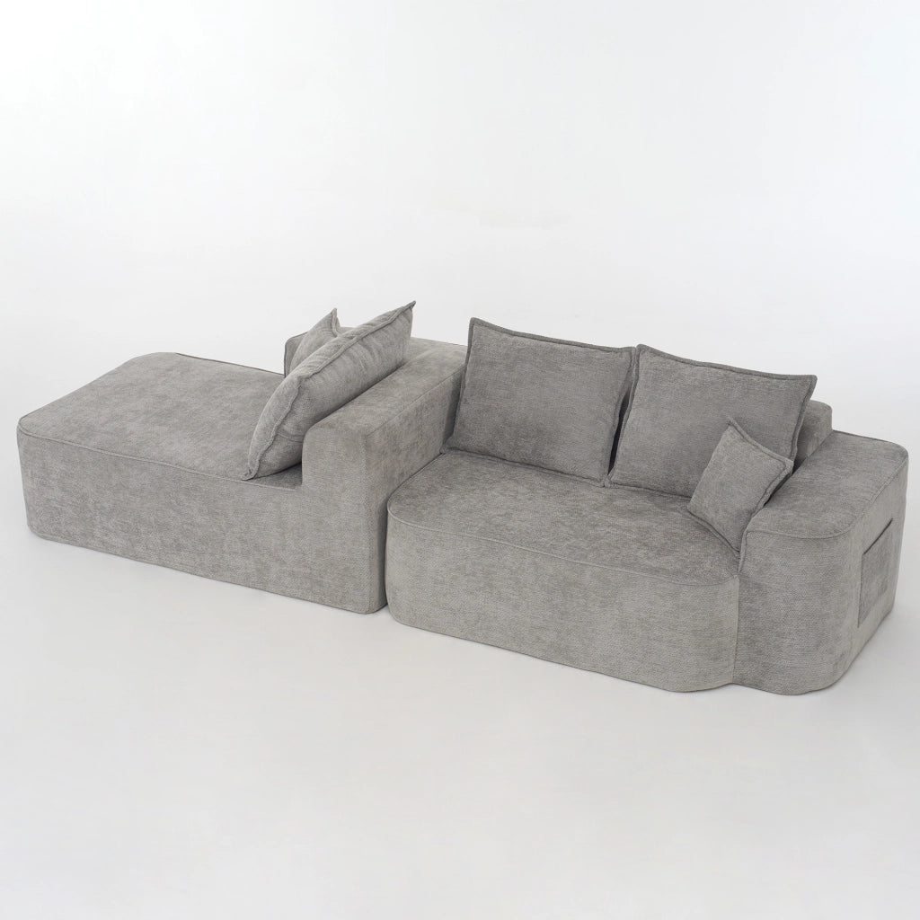 Divano Angolare Modulare 3 Posti con Chaise Longue Senza Montaggio; Seduta Profonda XXL; Ciniglia Grigio