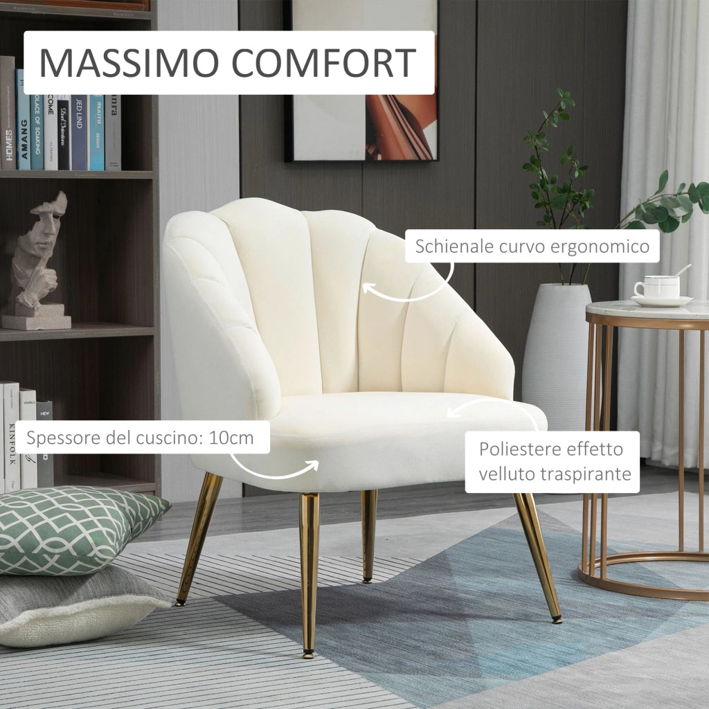 EasyComfort Poltrona in Velluto Imbottita con Schienale a Conchiglia e Gambe in Acciaio per Camera e Salotto, 63x65x84cm, Crema