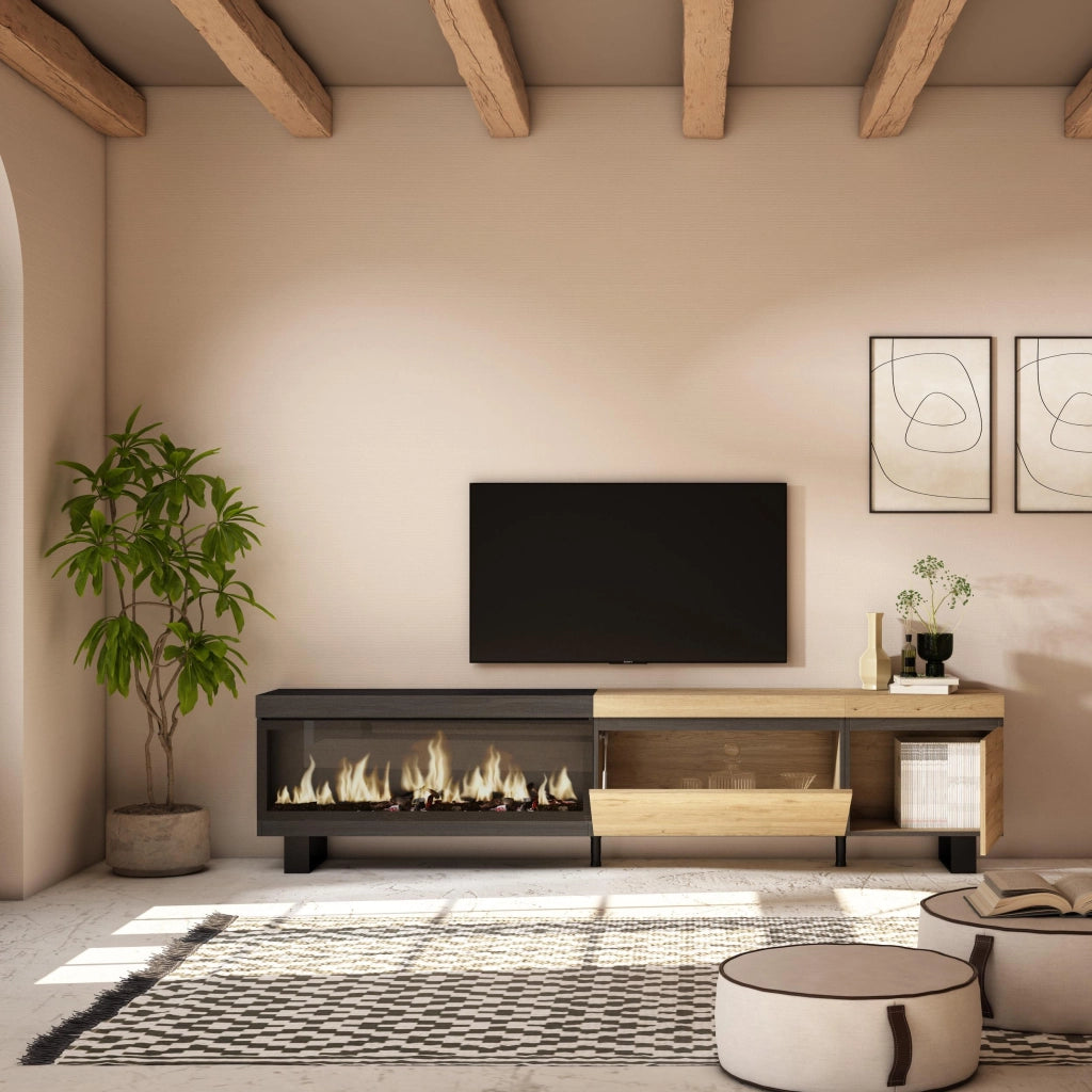 Mobile TV Soggiorno, 237x35x57cm, TV di grande formato, Camino elettrico XXL, Design industriale, colore Rovere e nero RF3584