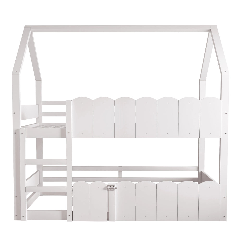 Letto a castello per bambini 90x200 cm a forma di casetta; bianco; con scala frontale e sponde rialzate