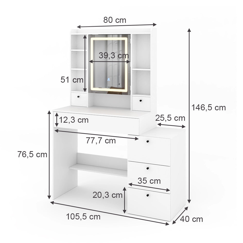 Vicco Tavolo da toilette Bianco 105.5 cm con specchio a LED