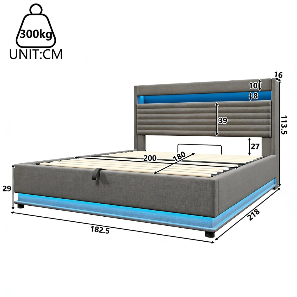 Letto Contenitore Matrimoniale 180x200 cm; USB Type-C; LED; con Rialzo Idraulico; Grigio