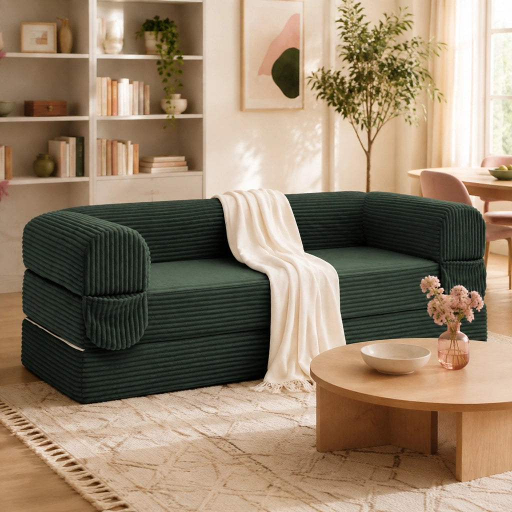 Divano letto 2 posti trasformabile in velluto a coste verde; design salvaspazio
