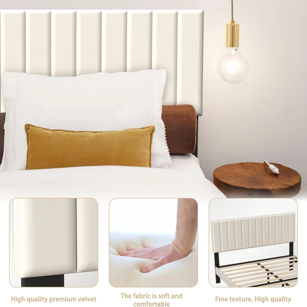 Telaio letto 160 x 200 cm, in metallo con testiera in velluto e rete a doghe, letto per ragazzi, letto matrimoniale, camera degli ospiti, beige