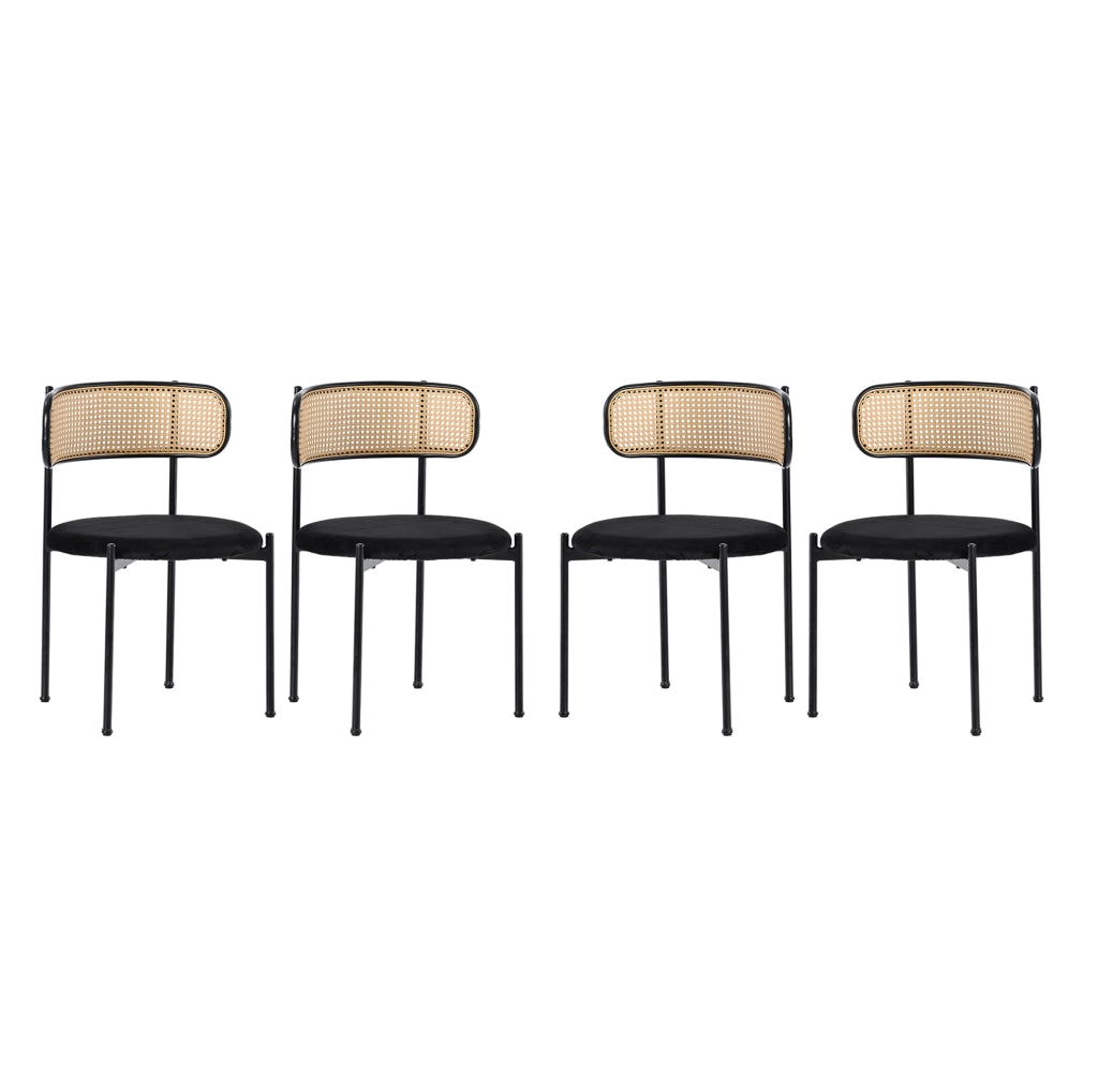Set 4 sedie da pranzo in velluto nero con schienale in rattan e gambe in metallo