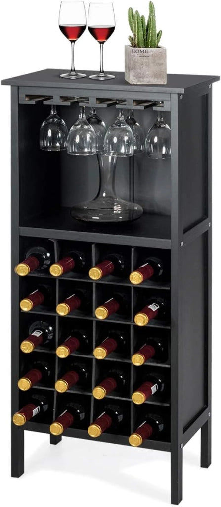 Cantinetta Portabottiglie in Legno, Scaffale per Vino con Portabicchiere/Calici, Portavino per 20 Bottiglie e 4 Calici, 42 x 24,5 x 96 cm (Nero)