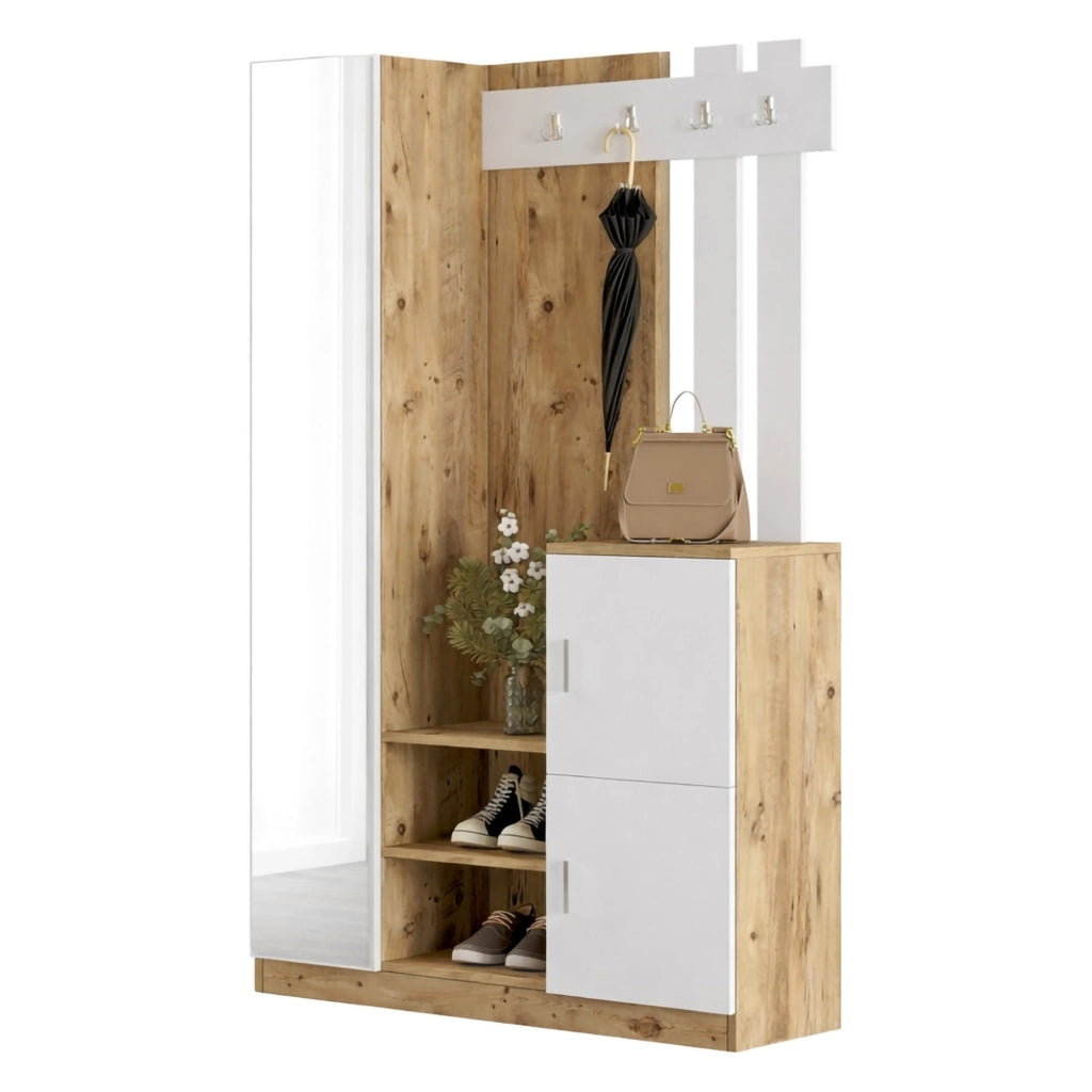 Mobile da ingresso Arco, Entratina appendiabiti, Composizione per atrio, Consolle portaoggetti multifunzione, 114x38h180 cm, Quercia e Bianco