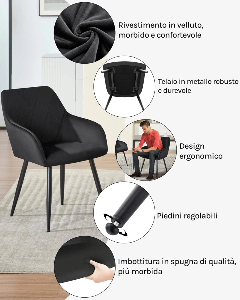 Set di 2 Sedie per Sala da Pranzo Imbottita, Poltroncina in Velluto,Sedia da Cucina con Braccioli e Schienale, Gambe in Metallo, Nero, BH352sz-2
