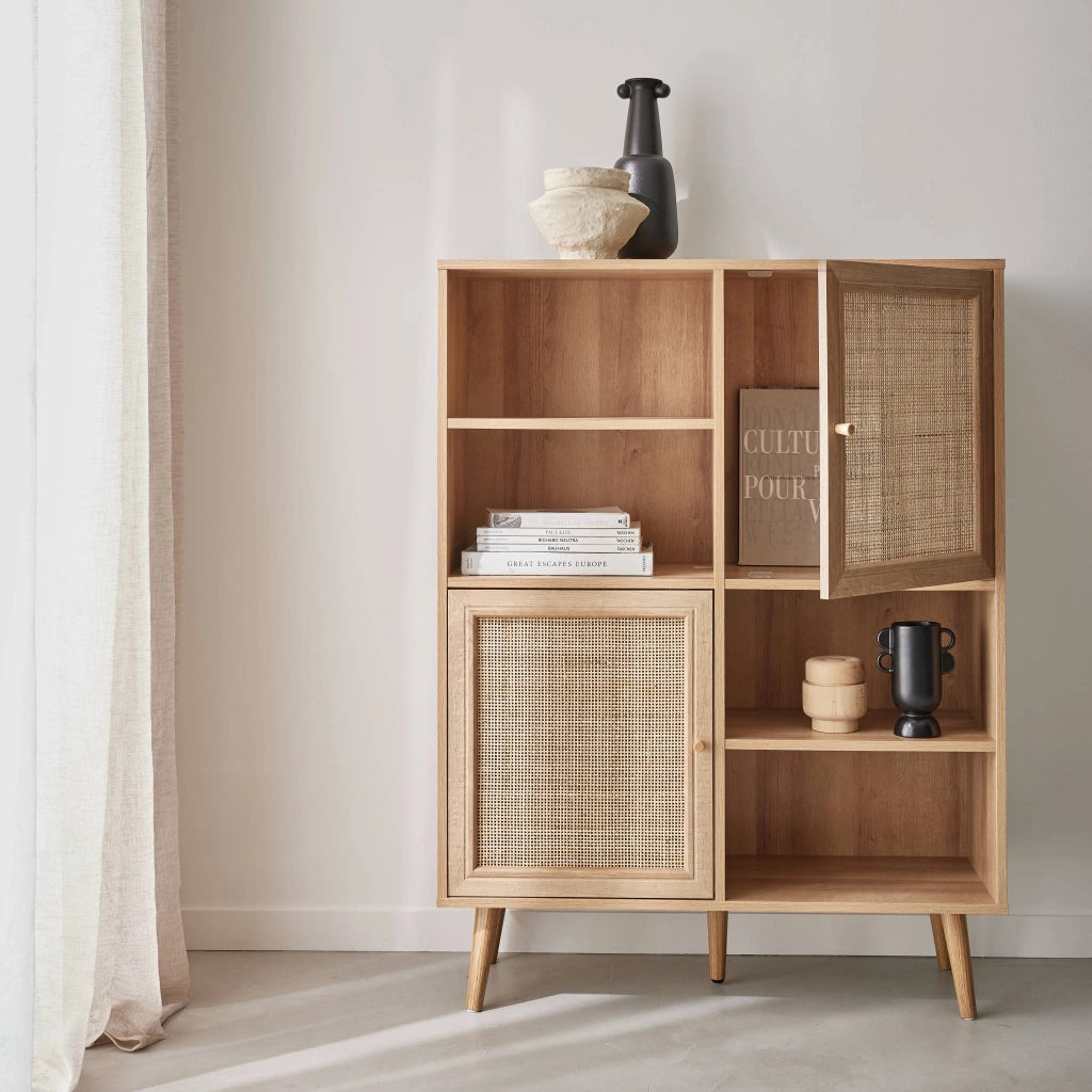 Credenza a 2 ante in canna e legno, 90cm, marrone naturale