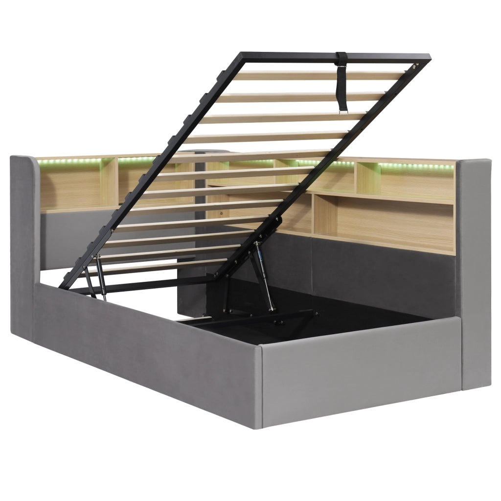 Letto con contenitore idraulico, imbottito in velluto grigio, con LED, USB e Type-C, struttura integrata, senza materasso