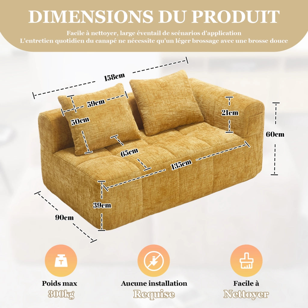 OKWISH Divano 2 Posti, Seduta Morbida con Tasche Laterali e Cuscino Incluso, Stile Chaise Longue, Ciniglia, Giallo