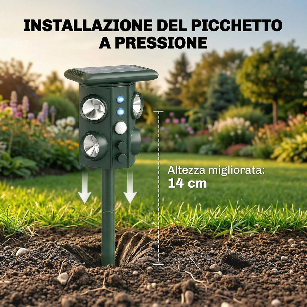 Repellente Solare Ultrasonico per Gatti 16x10x43 cm con 5 Modalità Sensore PIR e Flash LED in ABS e PP Verde