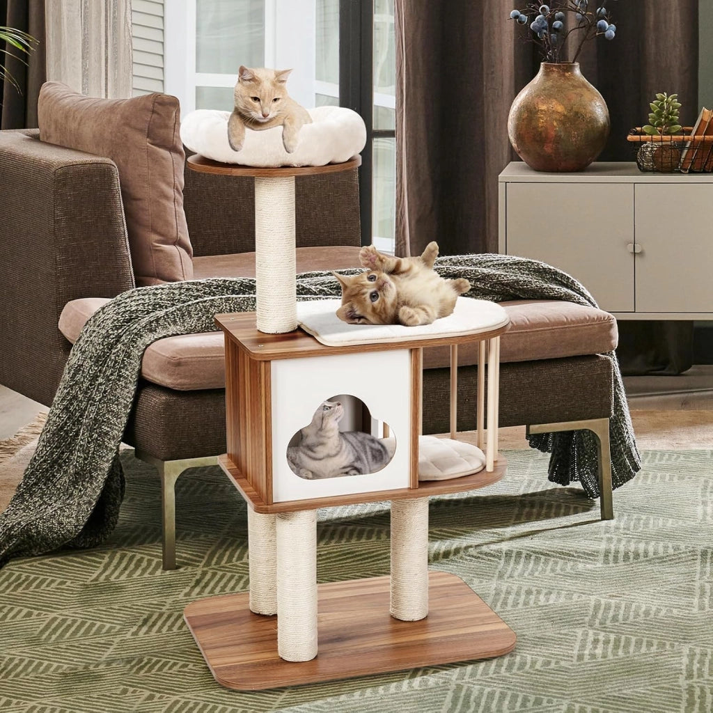 Tiragraffi in legno con 4 colonne tiragraffi, 2 piattaforme, albero da arrampicata con grotta e piattaforma di osservazione, per gatti, 68 x 48 x 117 cm (marrone)