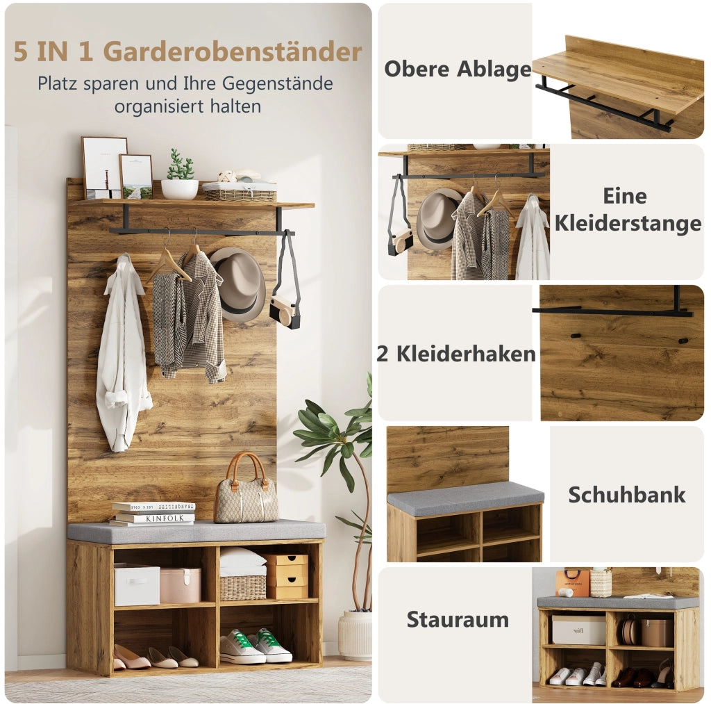 Set guardaroba da ingresso 175 cm con panca portascarpe; appendiabiti e ripiano regolabile; rovere