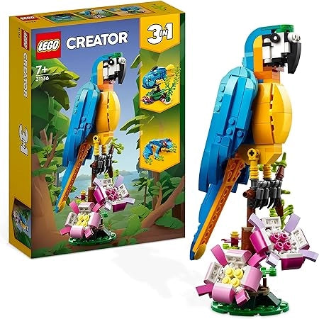 LEGO 31136 Creator Pappagallo Esotico, Set 3 in 1 con Pesce e Rana, Figure di Animali Giocattolo della Giungla, Giochi C
