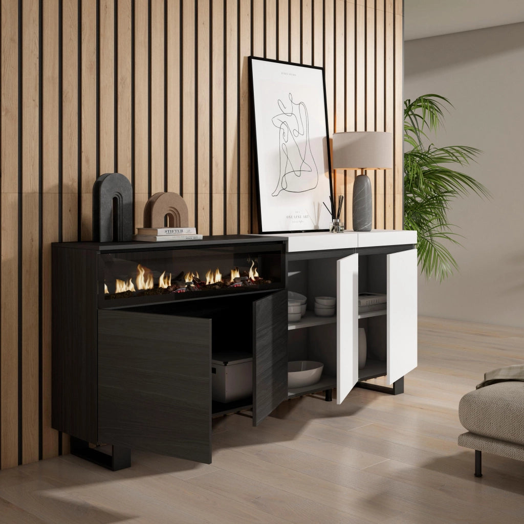Credenza, Mobile, 200x35x87cm, 4 Porte, Camino elettrico, Design industriale, Bianco e nero RF2394