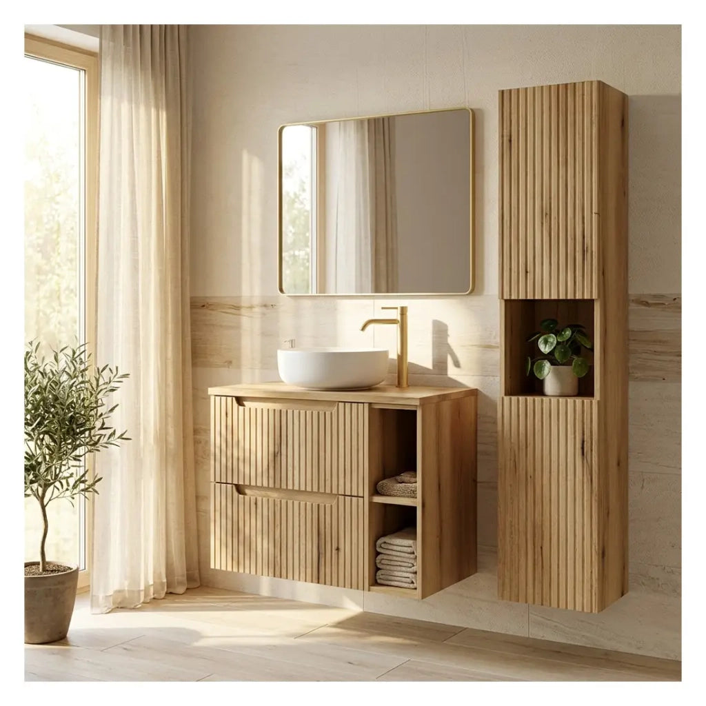 Set VANO quercia chiara 110cm: mobile sottolavabo con cassetti e nicchie a vista + piano per lavabo + colonna