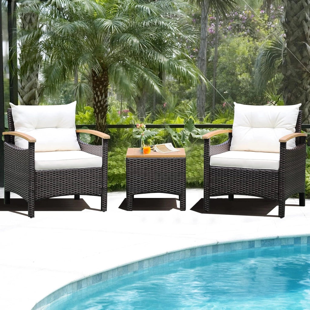 Set di 3 mobili da giardino in rattan e legno di acacacia, mobili da balcone con 2 poltrone e 1 tavolino, per giardino, balcone, marrone e bianco