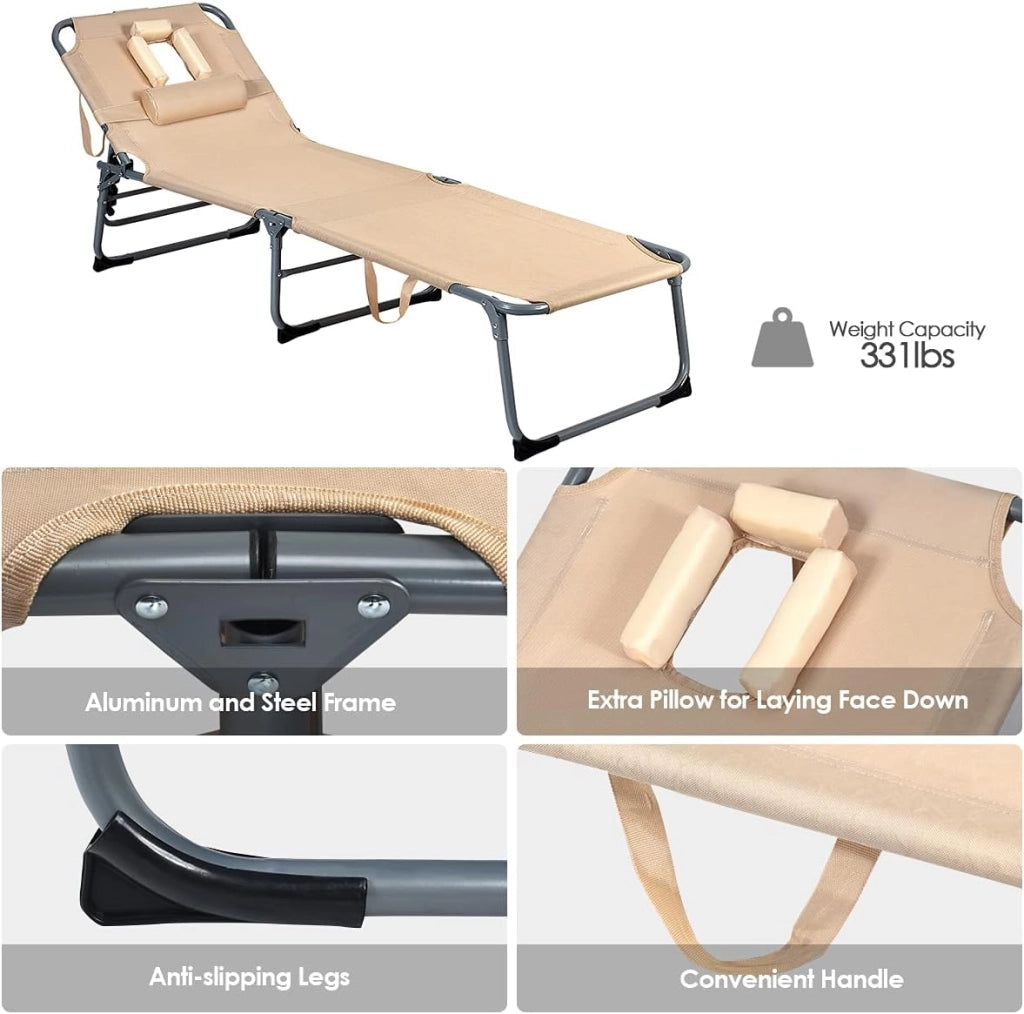Sedia a Sdraio Pieghevole con Foro di Lettura, Lettino da Sole Reclinabile Ergonomia Cuscino Rimovibile 5 Posizioni Regolabili, Lettino da Giardino, Beige, 194x60x36 cm