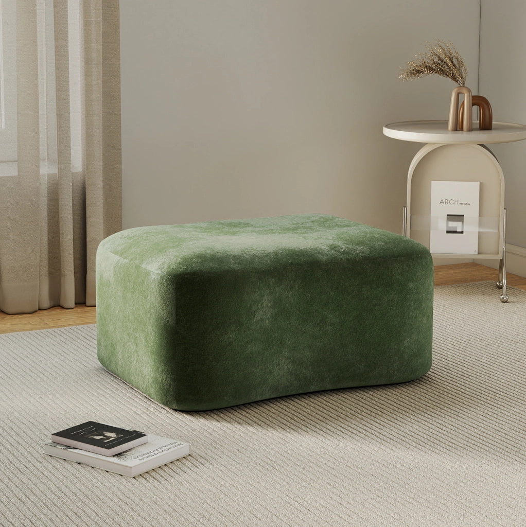 Divano modulare in velluto verde con pouf collegabile, design ondulato senza telaio