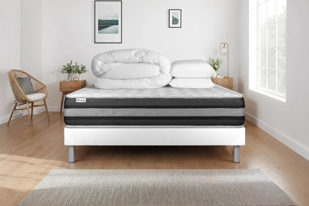 Pacchetto letto completo - Materasso 180x200cm + Box spring con doghe (kit) + 2 cuscini + Piumino - Vitalspring Zen