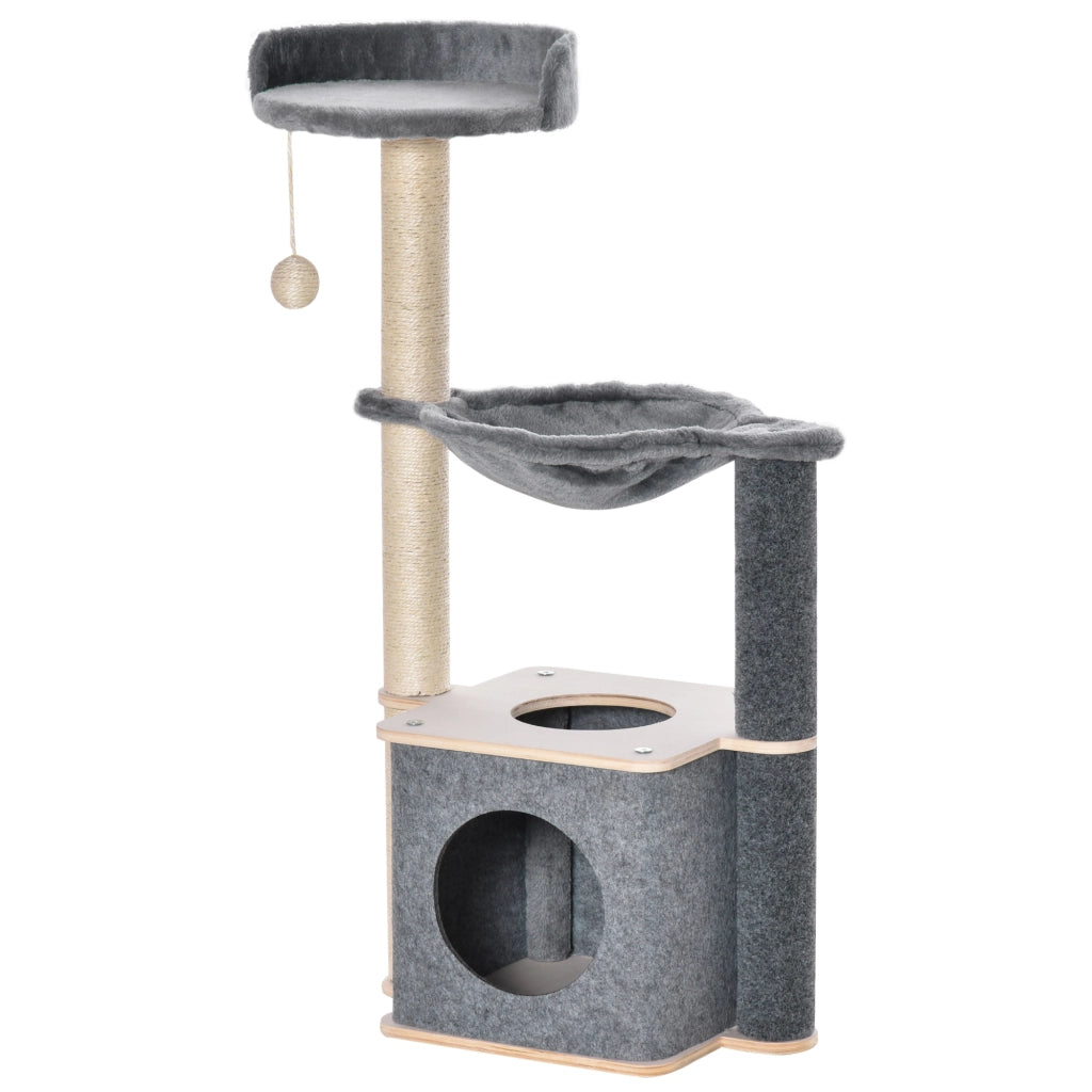 EasyComfort Albero Tiragraffi per Gatti Alto 95cm, Palestra per Gatti di Multilivelli con Casetta, Amaca, Pallina da Gioco, Cuccia e Corde in Sisal, 48x34x95cm, Grigio