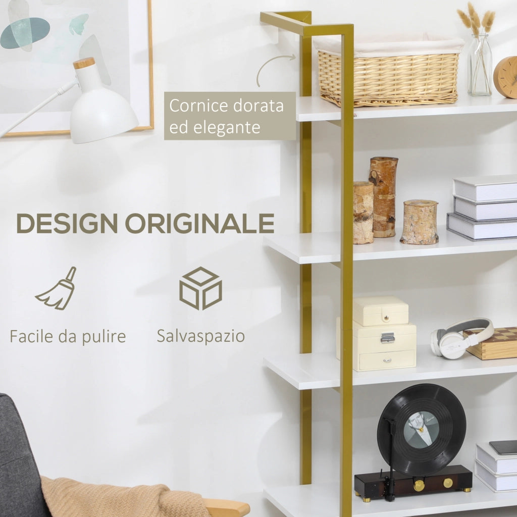 Scaffale libreria a 4 livelli in MDF e acciaio, mobile multiuso per casa e ufficio, design moderno, 92x35x152cm, bianco e oro