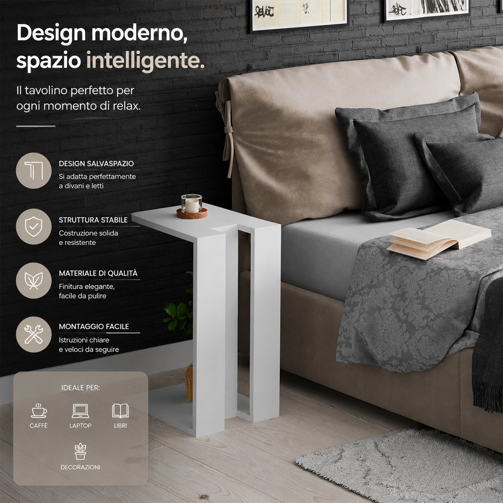 Tavolino da Caffe Porta PC Laterale Divano in Legno MDF Bianco 57x40x30cm