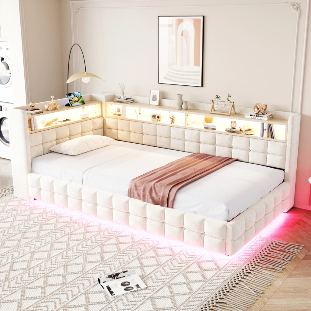 Divano letto imbottito 90x200 cm con contenitore idraulico; LED e prese USB-C; beige