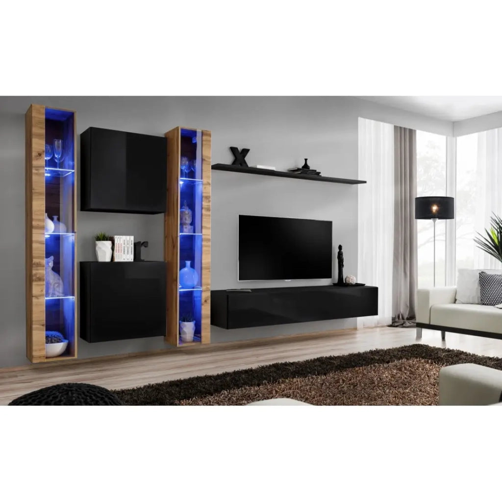 Mobile da soggiorno da parete SWITCH XVI design, colore nero lucido e rovere Wotan.